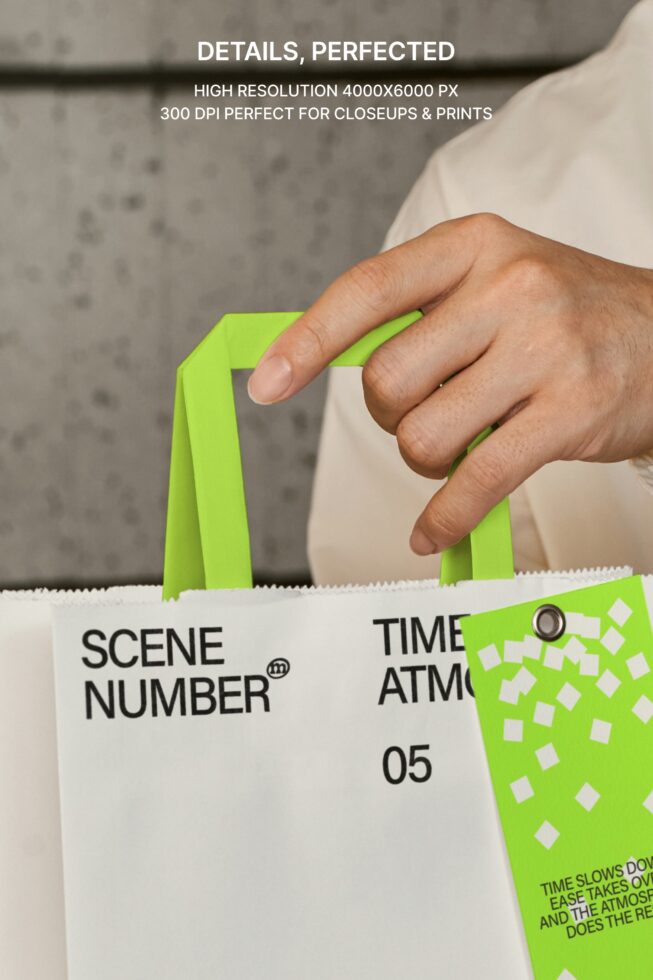 Hands gripping bright green handles on white paper shopping bag with text print