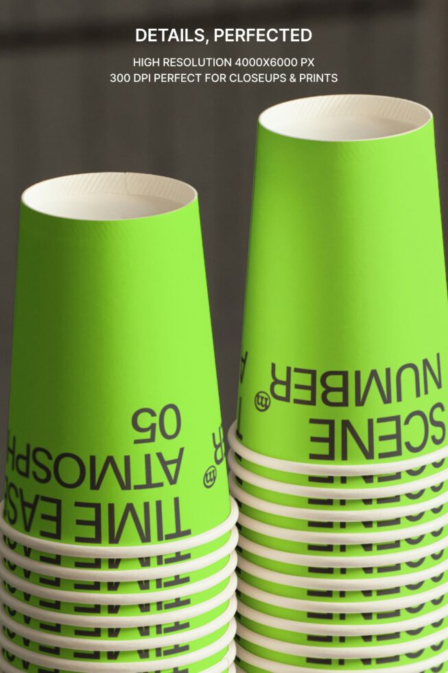 Two lime green paper cups side by side with white bands, studio lighting