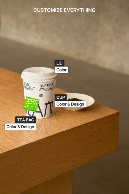 Takeout cup with teabag, ceramic bowl, labels showing customizable cup design areas