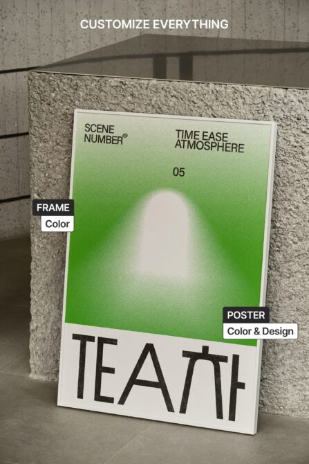 Angled view of white-framed poster leaning against concrete pillar indoors