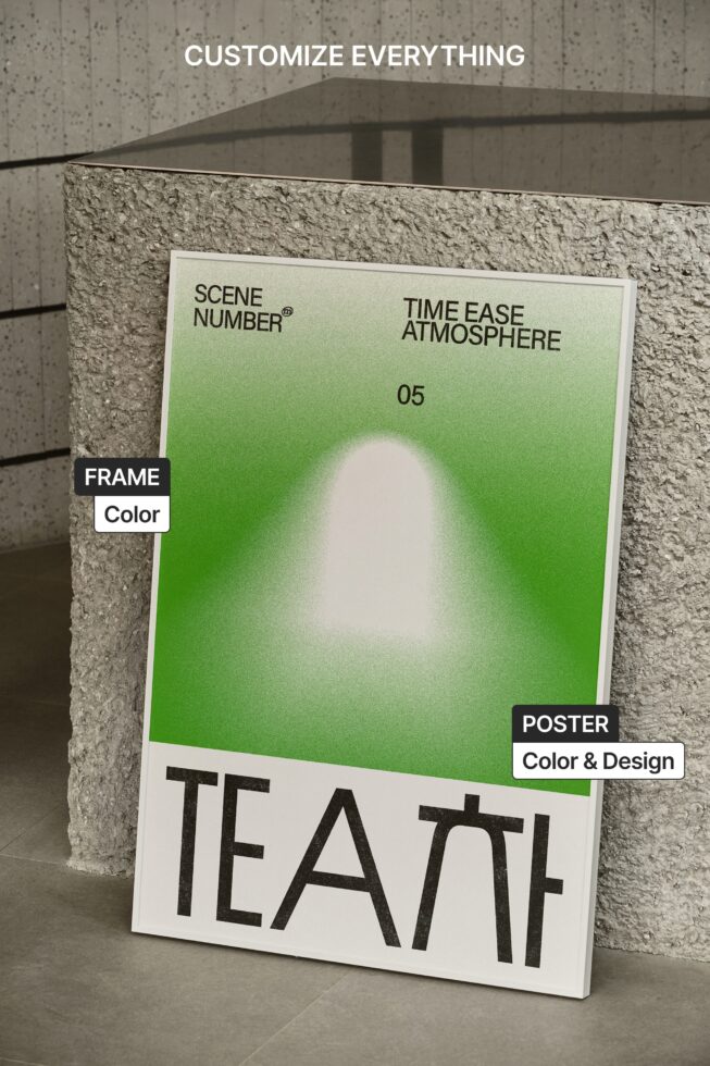Angled view of white-framed poster leaning against concrete pillar indoors