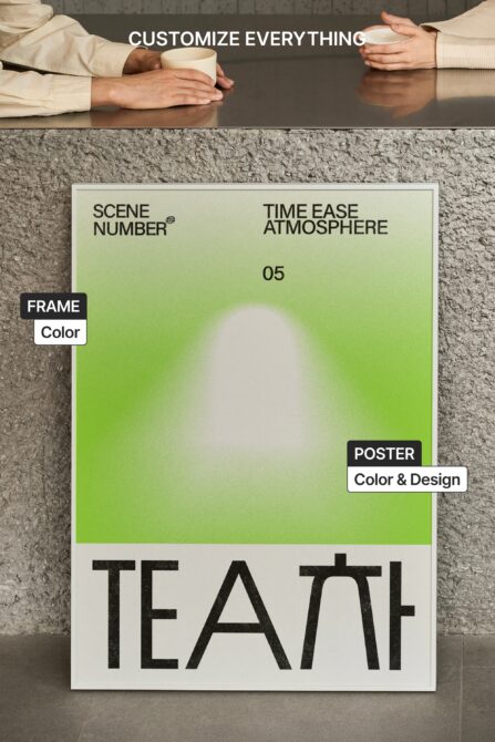 Overhead shot of framed poster with gradient green design on textured wall