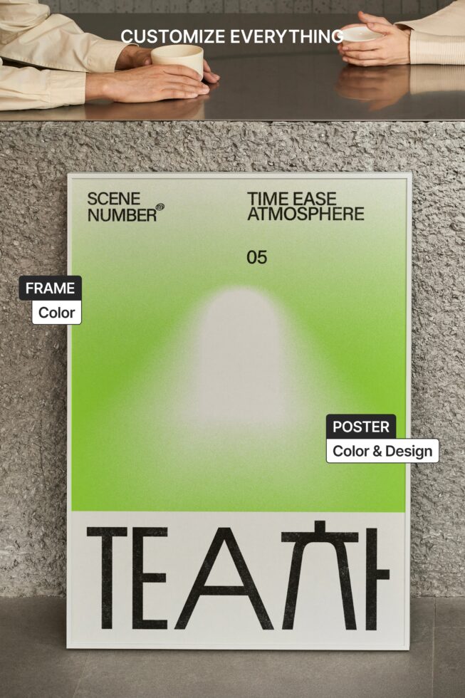 Overhead shot of framed poster with gradient green design on textured wall