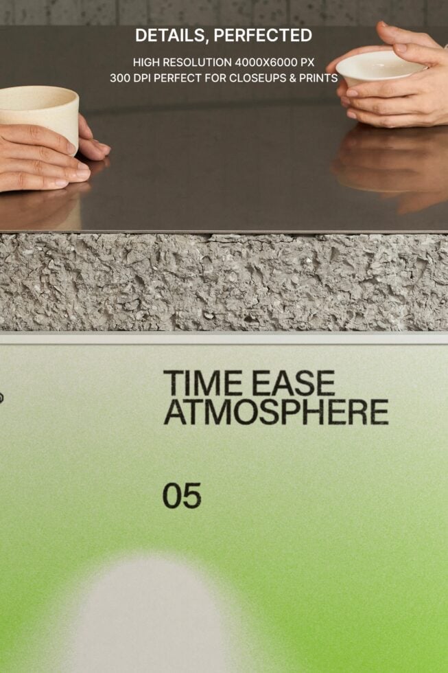 Close up of cups, hands, concrete texture with lime gradient poster detail