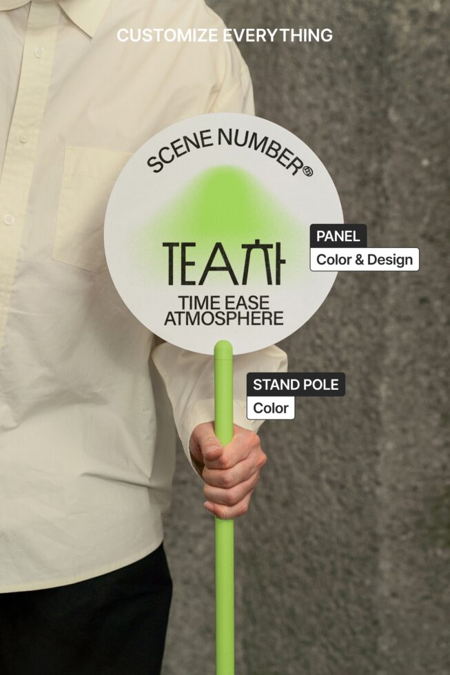 Green clapper board with customizable panel circle, pole, colors labeled