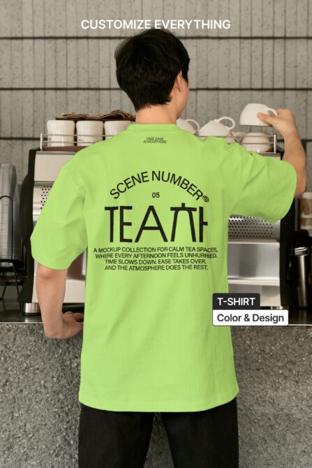 Back view of lime tee in tea setting with customizable element labels