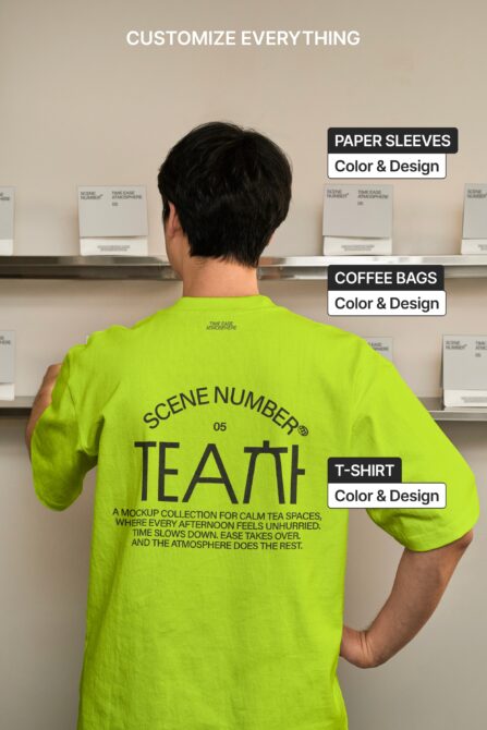 Guy in lime shirt showcasing tee plus sleeves, coffee bags customization