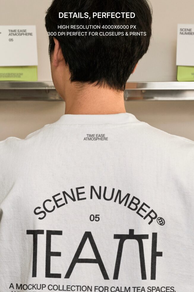 Close up of white tee back print with tea shop branding design