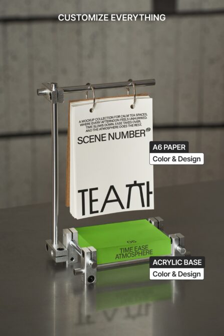 Metal stand holding cardstock with lime green acrylic base labeled with customization options