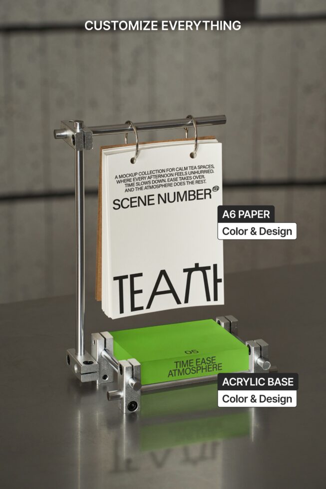 Metal stand holding cardstock with lime green acrylic base labeled with customization options