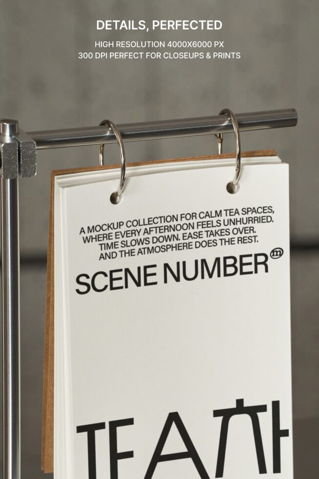 Lime green cardstock hanging from metal rod with silver rings against neutral backdrop