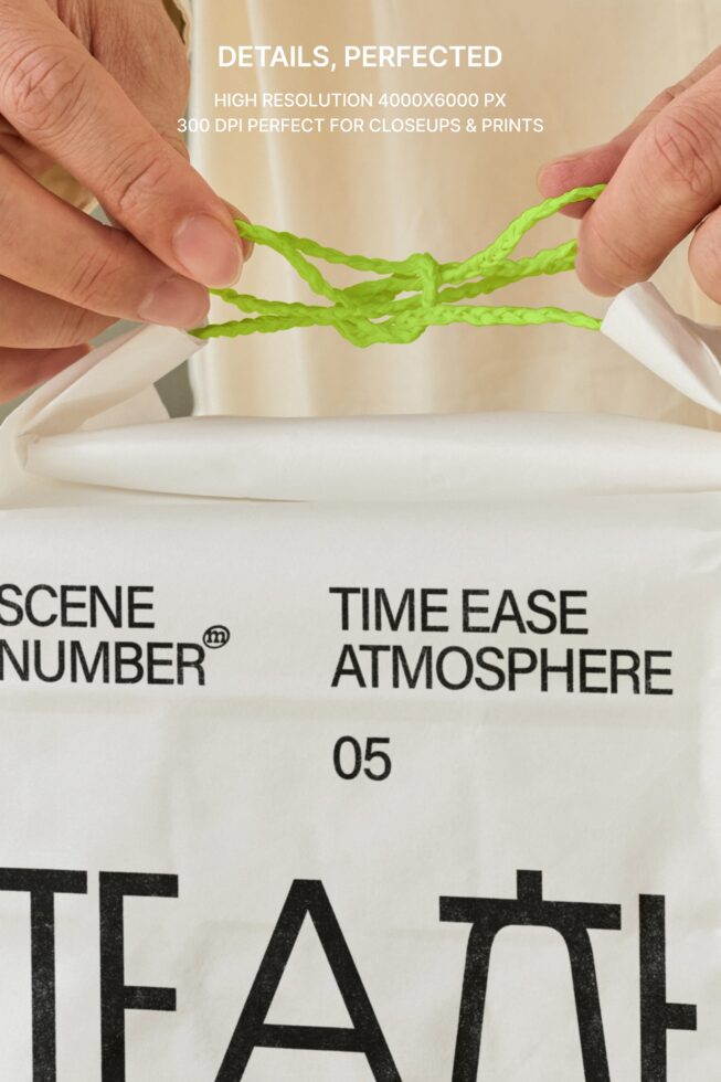 Hands holding bright green twine tied between white paper with black text