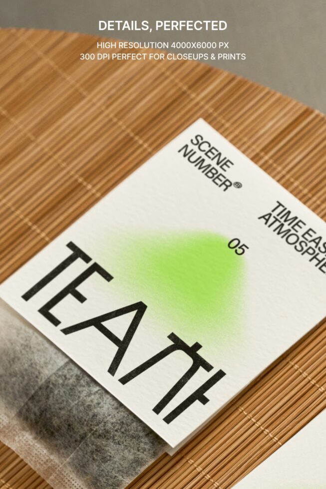 Angled tea packet mockup on woven surface showing bright gradient design detail
