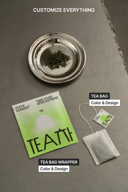 Flat lay of tea branding mockup with wrapper, tag, loose leaf in glass dish