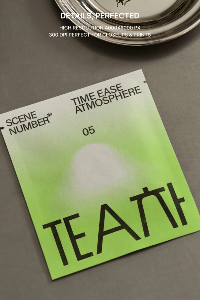 Close up of neon tea packet mockup with glass bowl styled overhead shot detail