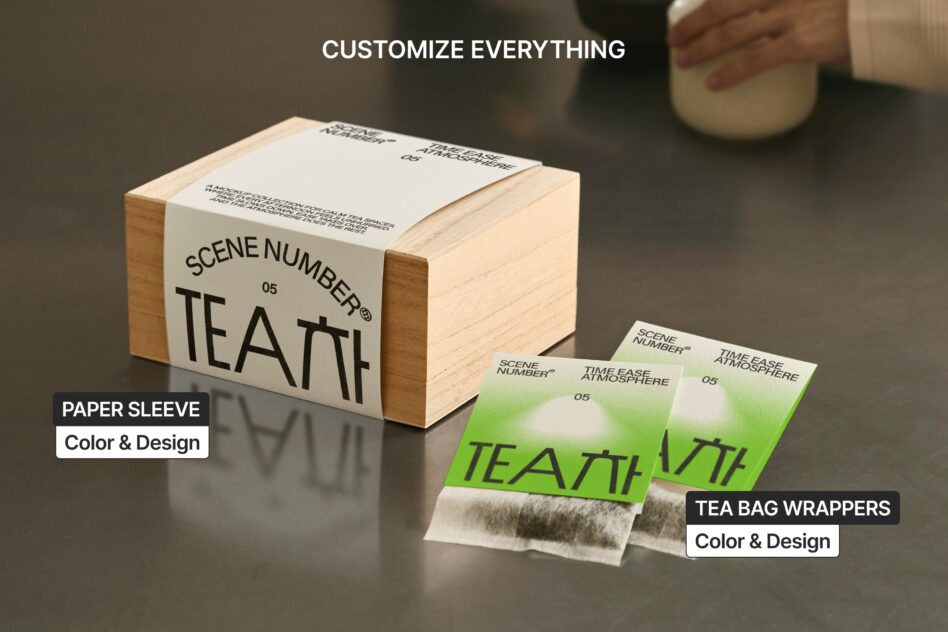 Tea box mockup with wood blocks, editable paper sleeve plus tea bag wrappers
