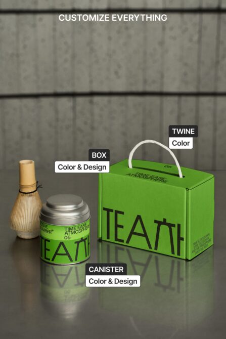 Green tea packaging mockup with customizable box, canister, twine color