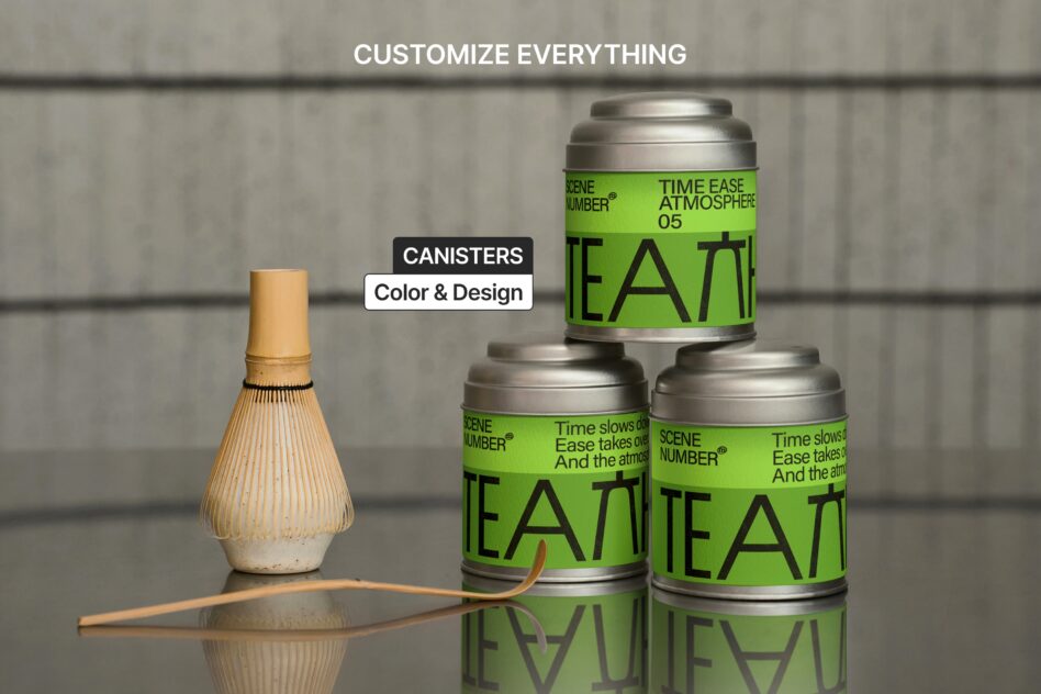 Three metal canisters with green labels, whisk, showing customizable design