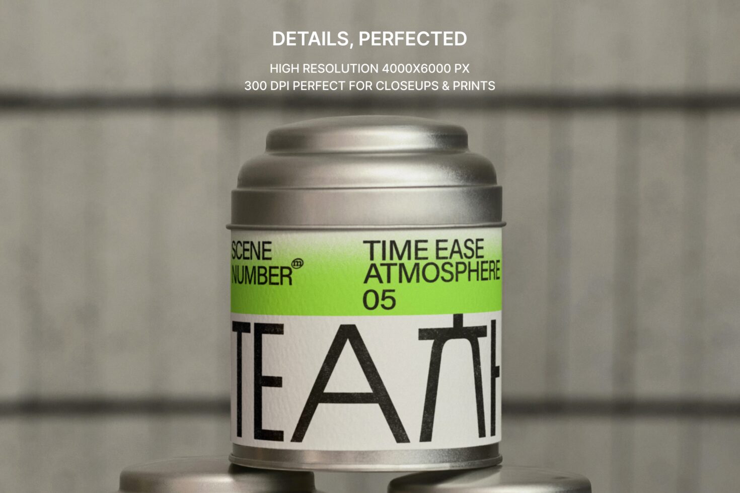 Single stacked metal tea canister with green band label detail shot