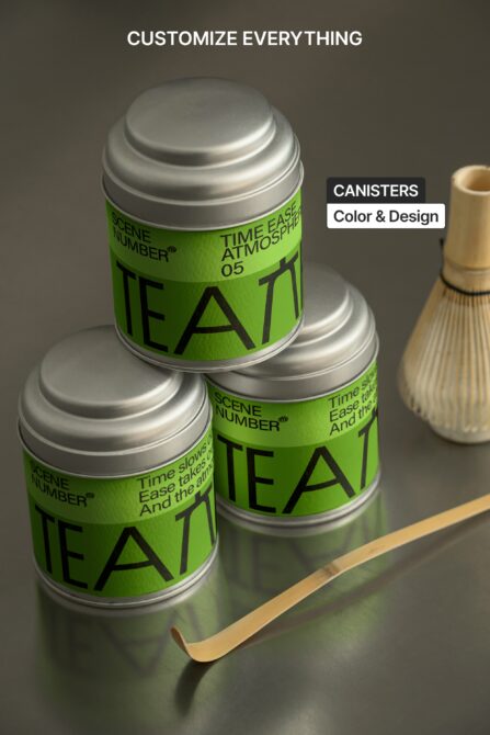 Three metallic canisters stacked diagonally, showing customizable label design options