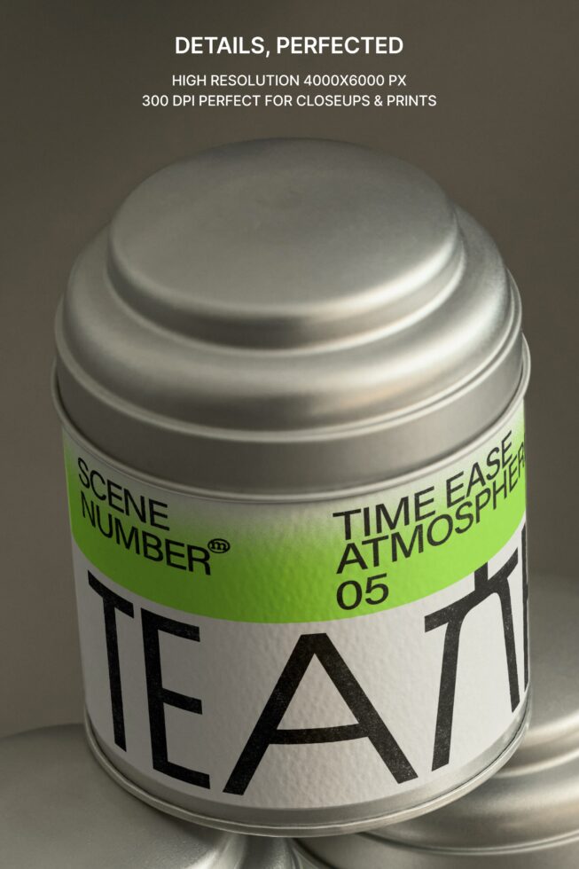 Overhead shot of sealed tea canister with white lid, lime green label band visible