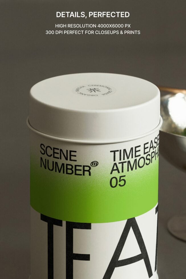 Close-up of silver lid on green labeled tea canister with lime branding