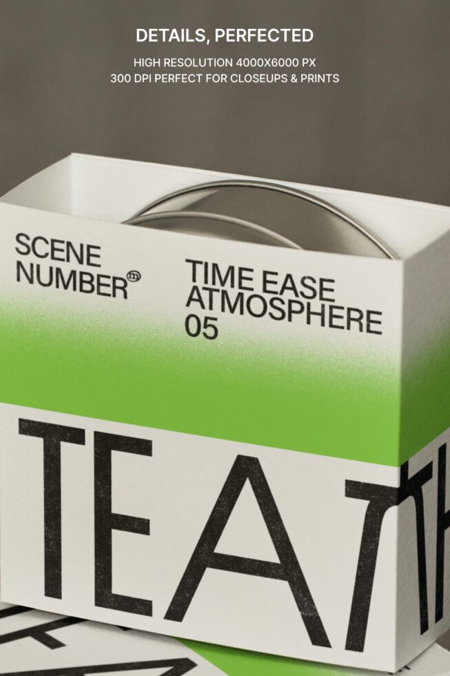 Front angled view of white box with green stripe displaying TEAT