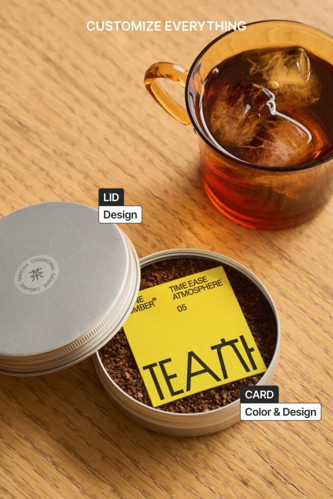 Overhead shot of white canister lid with yellow label inside jar