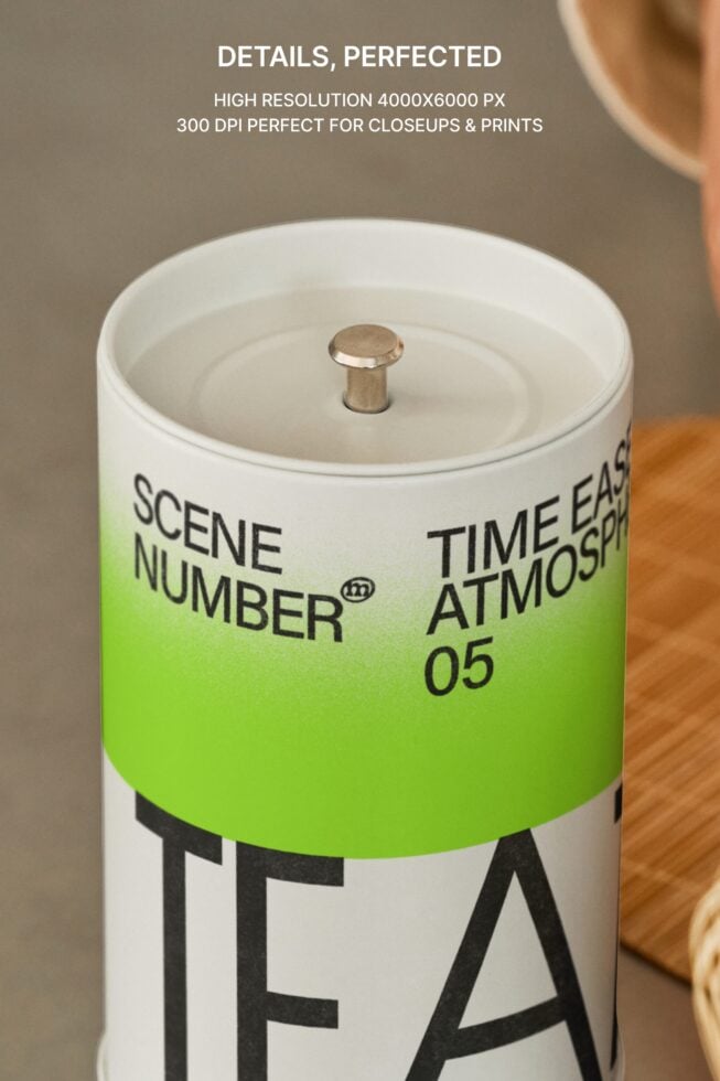 Overhead view lime green tea candle with wooden wick, minimal styling setup