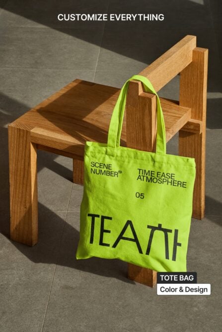 Neon yellow tote bag draped over wooden chair in minimalist setting