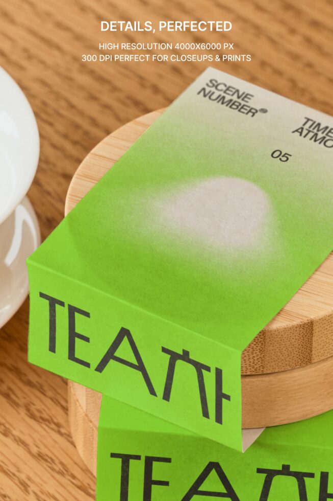 Bright green paper sleeve mockup on wooden surface with tea leaves nearby