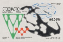 Pixelated abstract graphics with green W, black organic form, blue brain outline on beige