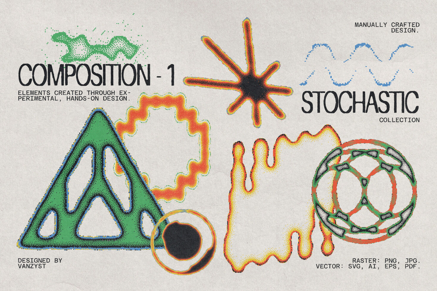 Colorful stochastic design elements with textured triangle, star, circle, wavy shapes on beige