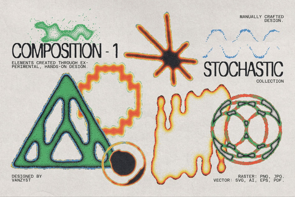 Colorful stochastic design elements with textured triangle, star, circle, wavy shapes on beige