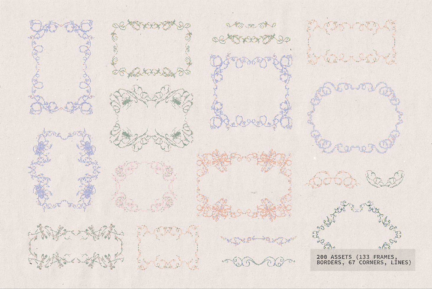 200 decorative frame assets with floral, botanical, ornate designs in various colors