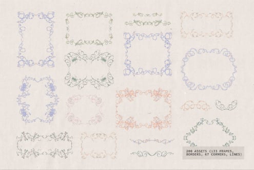 200 decorative frame assets with floral, botanical, ornate designs in various colors