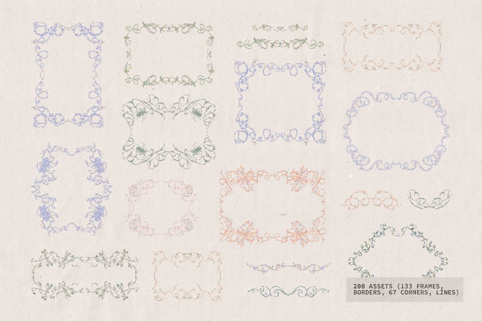 200 decorative frame assets with floral, botanical, ornate designs in various colors