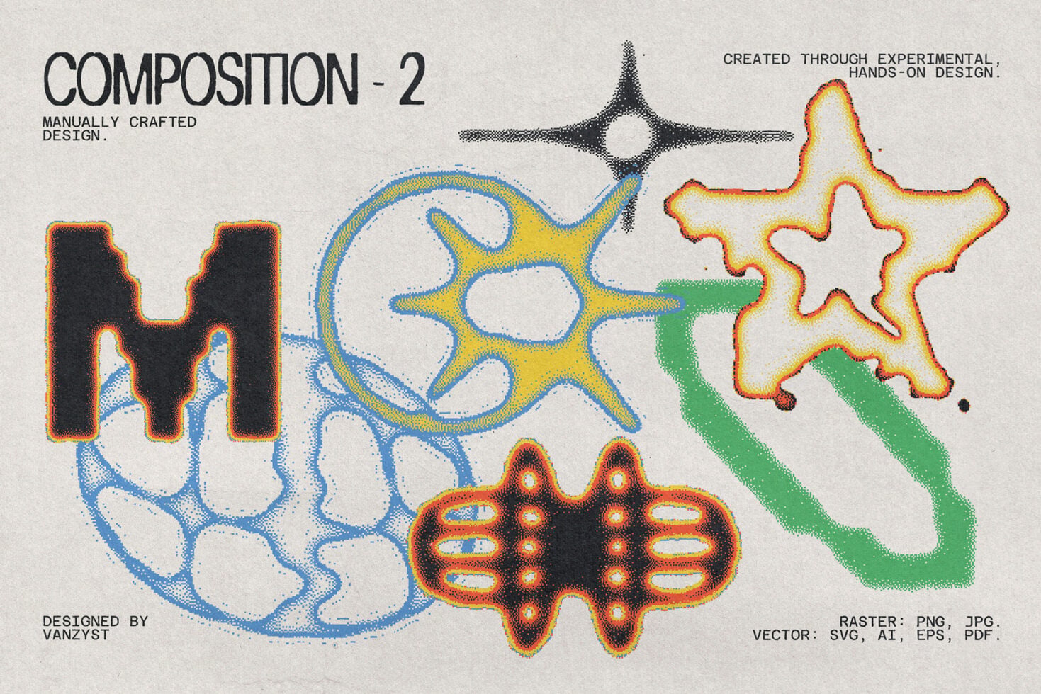 Hand-drawn composition with colorful M, gear, star, cross shapes rendered in mixed textures