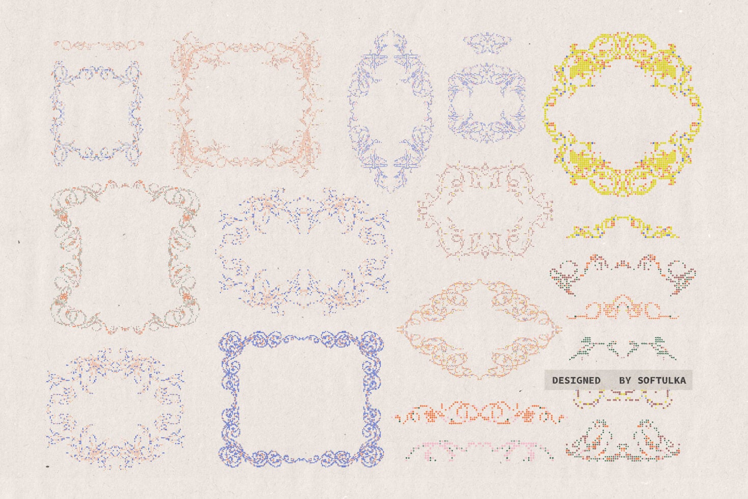 Collection of ornamental frames, borders, corners in blue, pink, yellow dotted pixelated styles