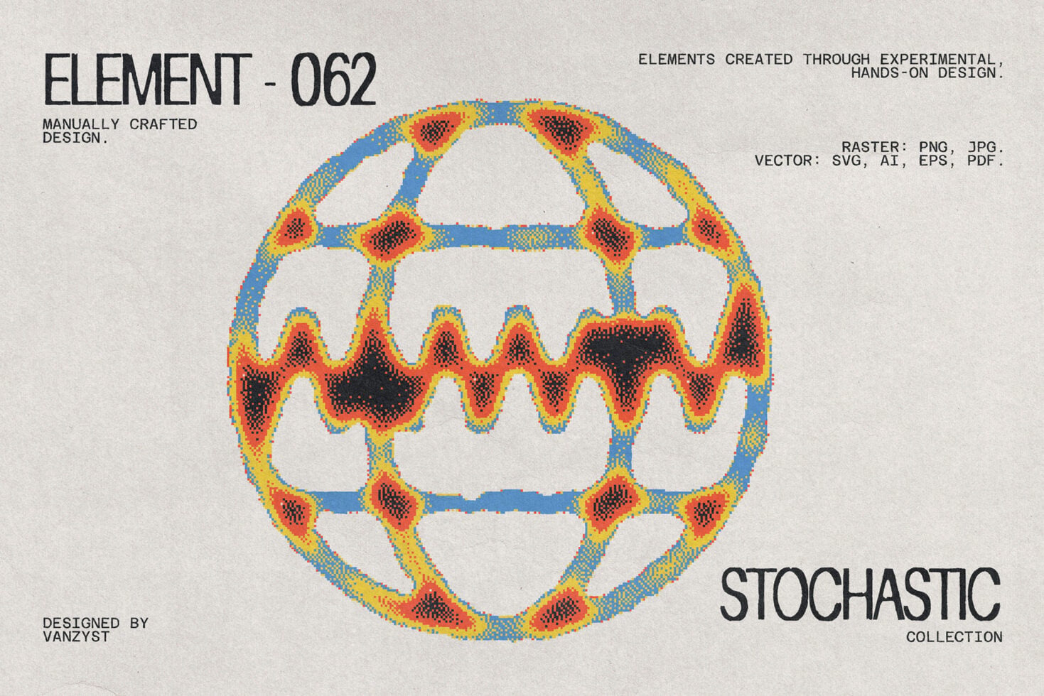 Circular stochastic element 062 with blue orange yellow pixelation
