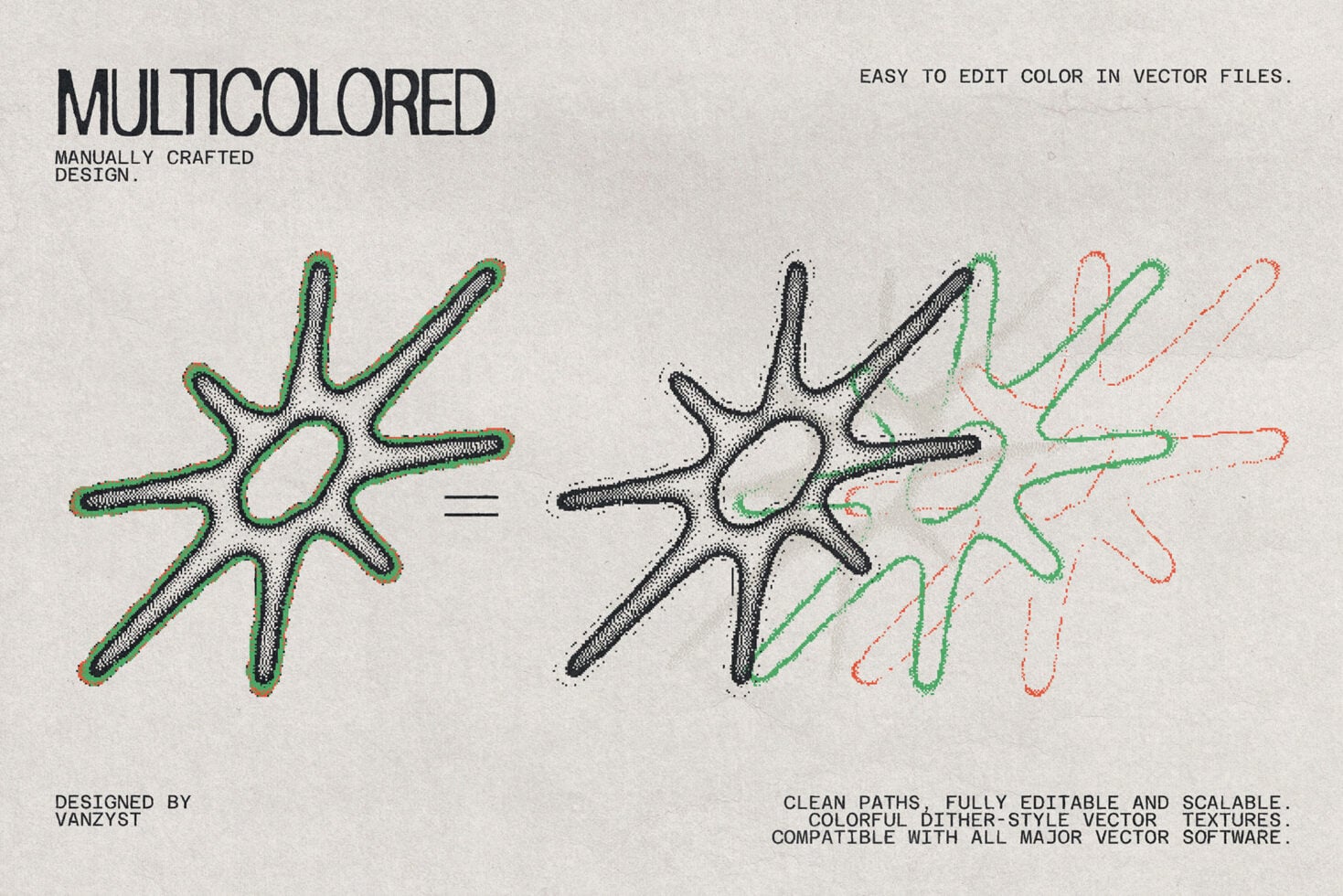 Multicolored stochastic star shape shown in 3 color variations