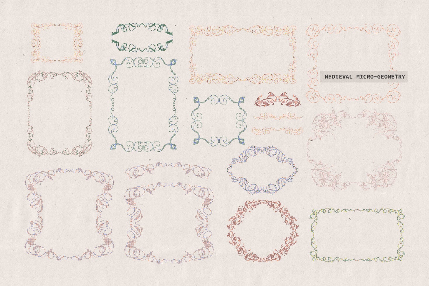 Medieval micro geometry ornamental frames, dividers, corner pieces in muted color palette