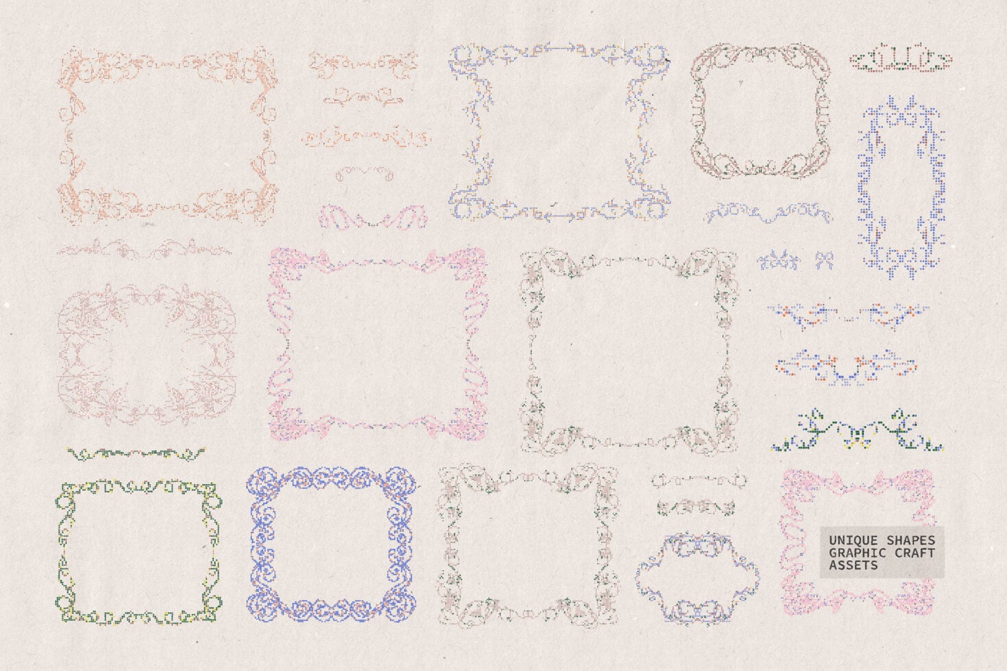 Unique shapes graphic craft assets with ornamental frames, dividers, borders in various styles