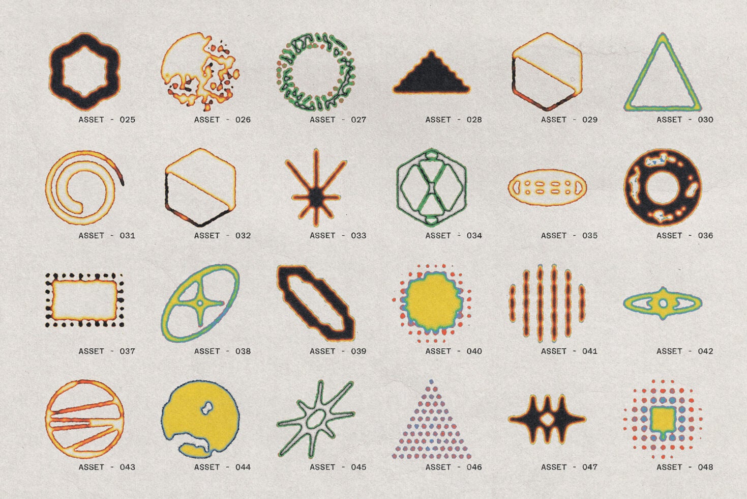 24-piece set of abstract geometric forms including hexagons circles stars