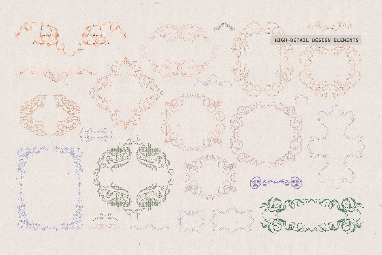 High detail design elements showing ornate wreaths, scrolls, circular frames in soft colors