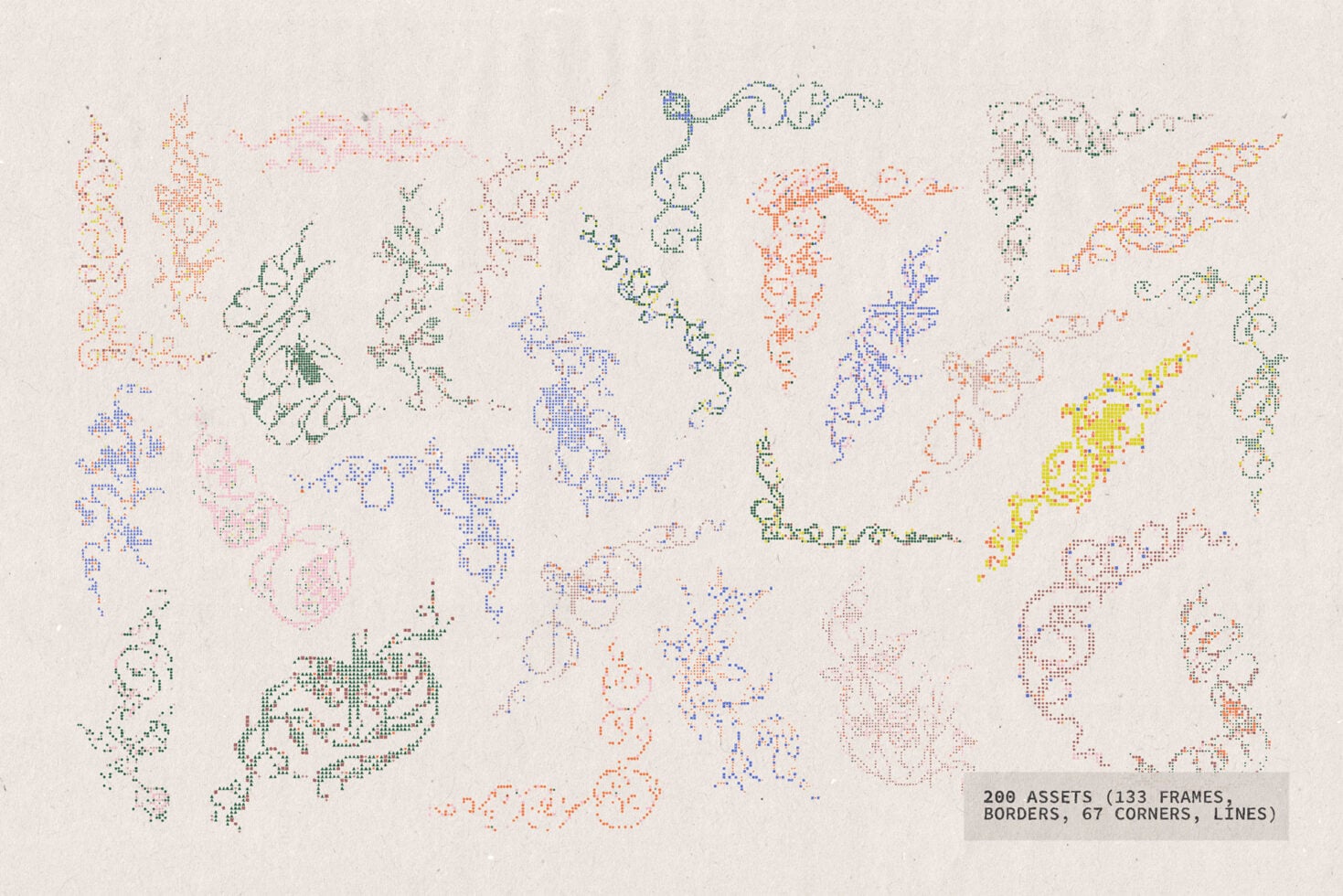 200 pixelated decorative assets including frames, corners, lines in mixed pastels on cream
