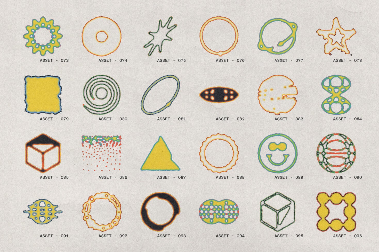 Stochastic Collection sheet of 24 individual elements including square, star, circle, triangle, smiley face variations