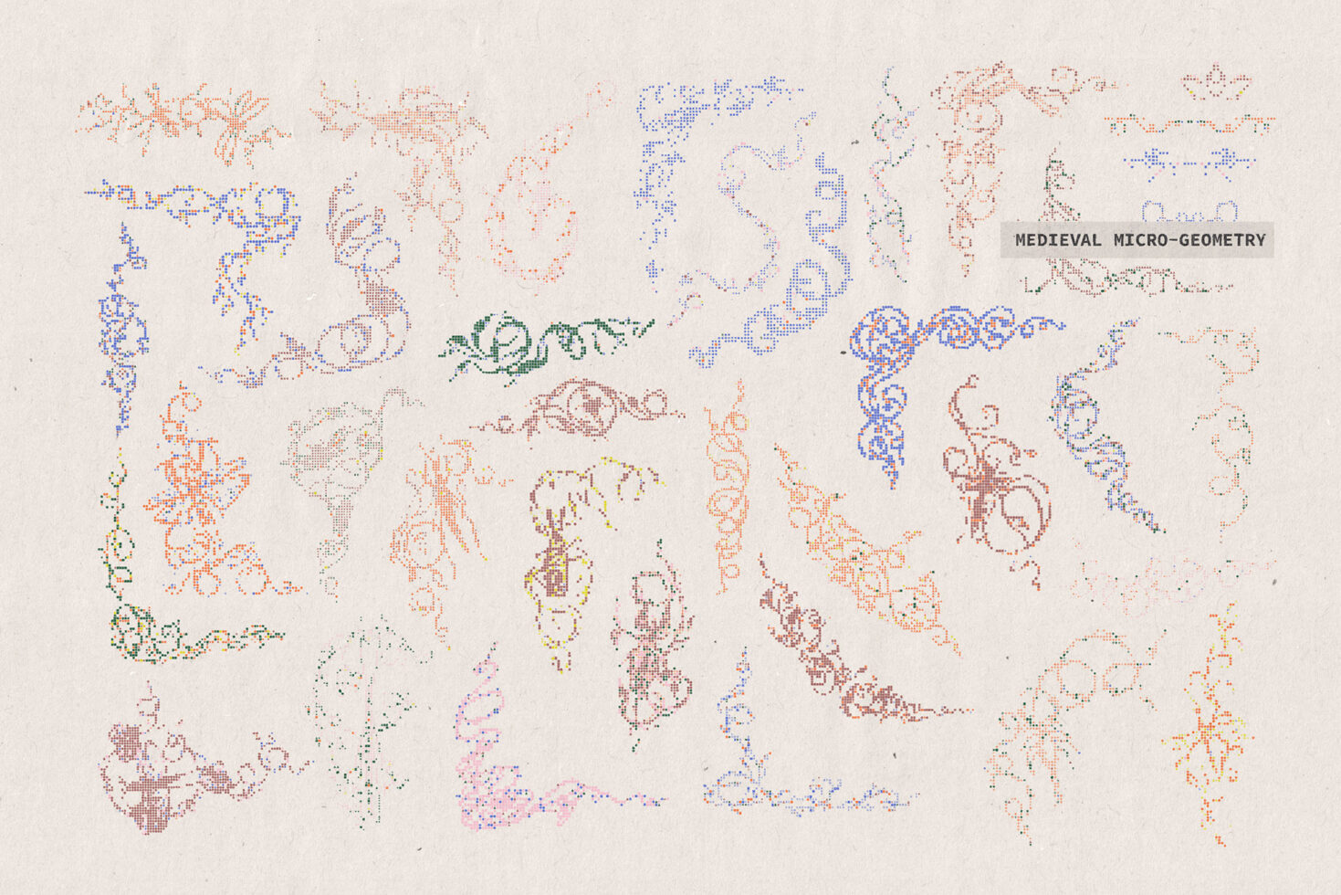 Medieval micro geometry collection showing ornamental borders, swirls, flourishes in multiple colors