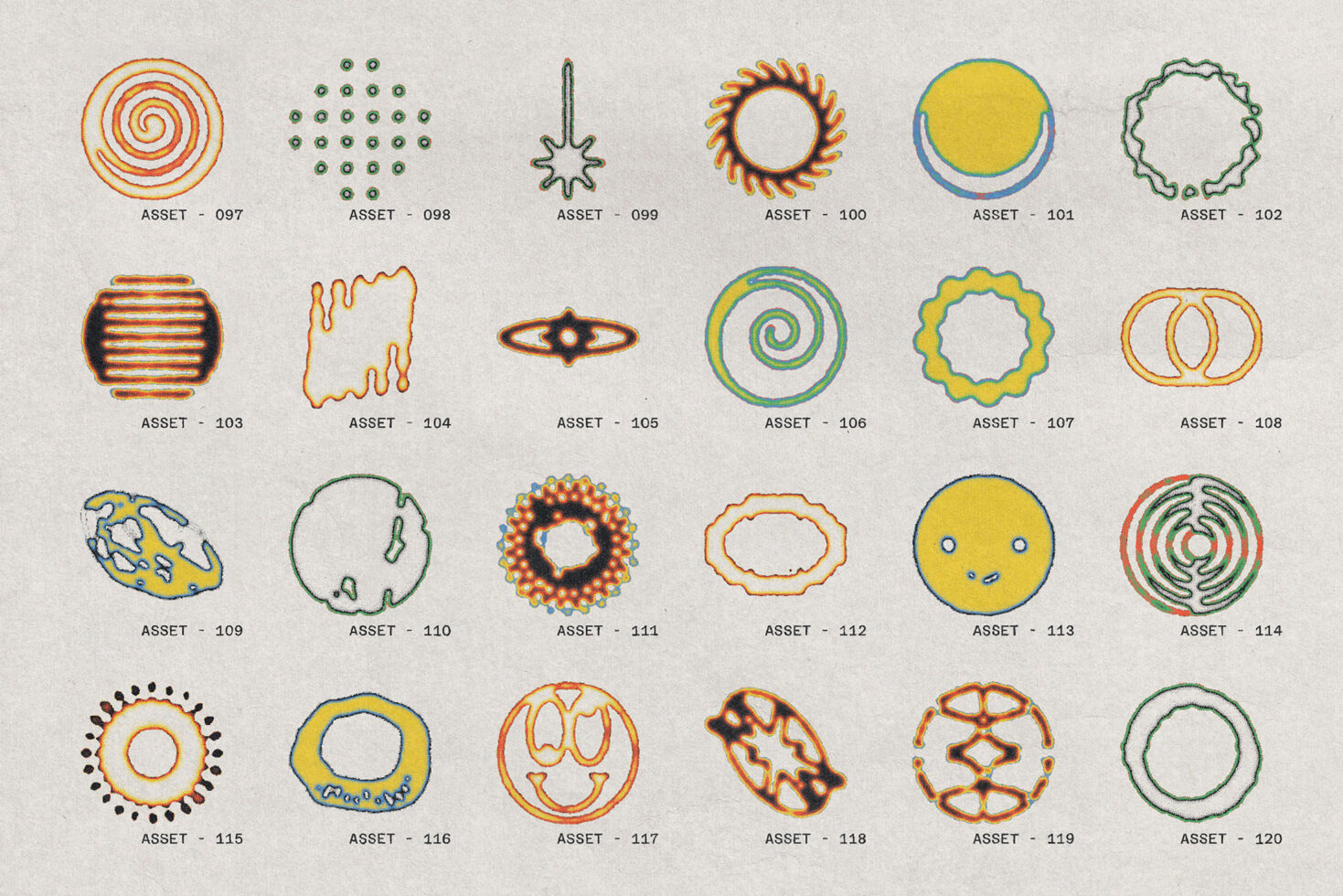 Stochastic Collection sheet of 24 individual abstract graphic elements with spirals, orbs, eyes, patterns in color