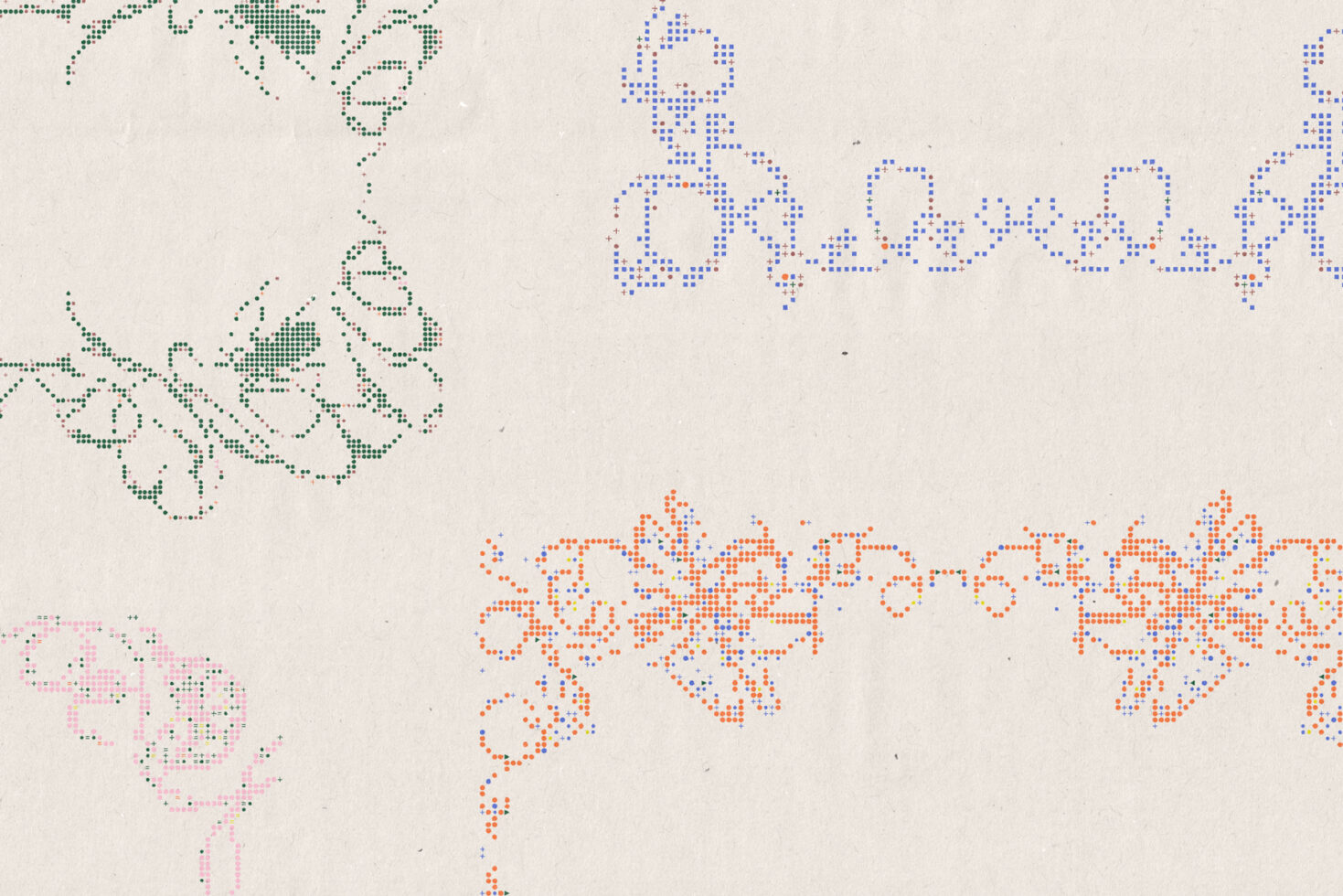 Colorful pixelated world map made of blue, green, orange pink dots on beige background